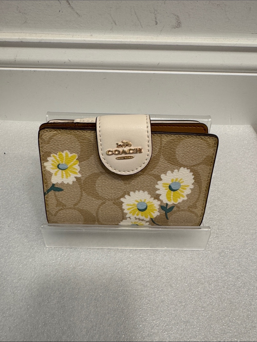 Coach Beige Signature Floral Compact Wallet